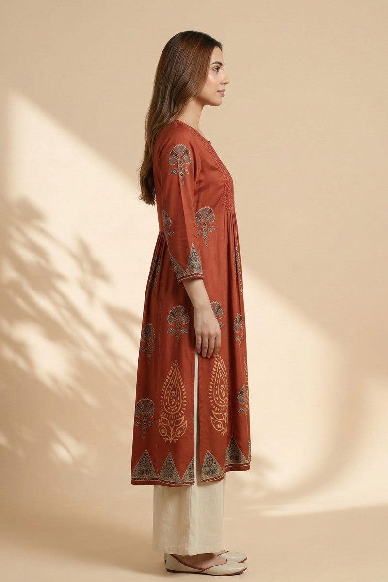 Rust Veera Ajrakh Embroidered Modal Kurta