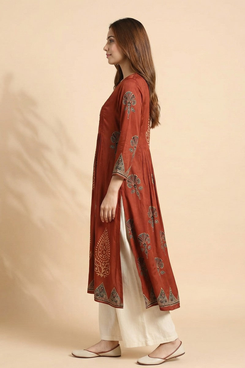 Rust Veera Ajrakh Embroidered Modal Kurta