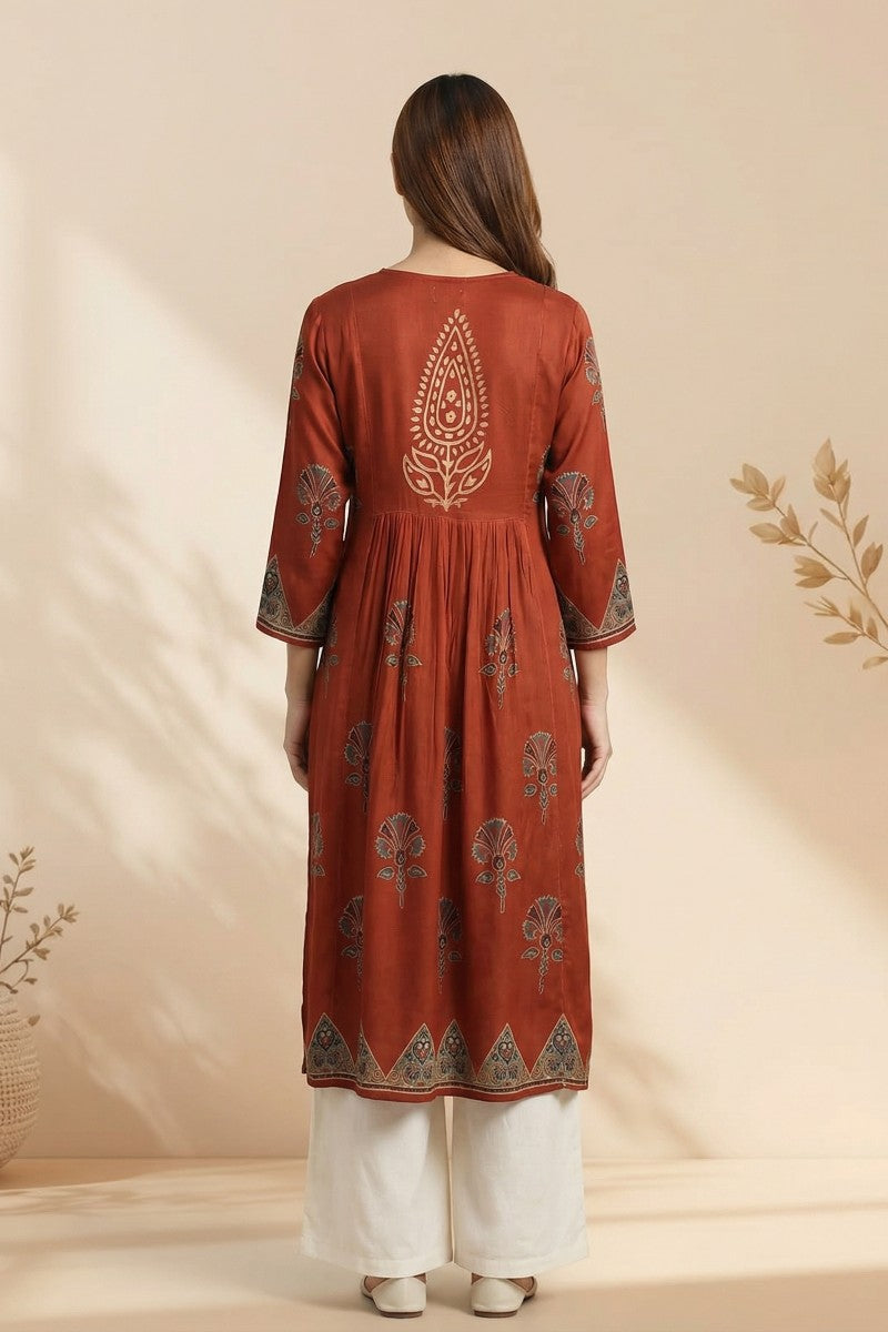 Rust Veera Ajrakh Embroidered Modal Kurta