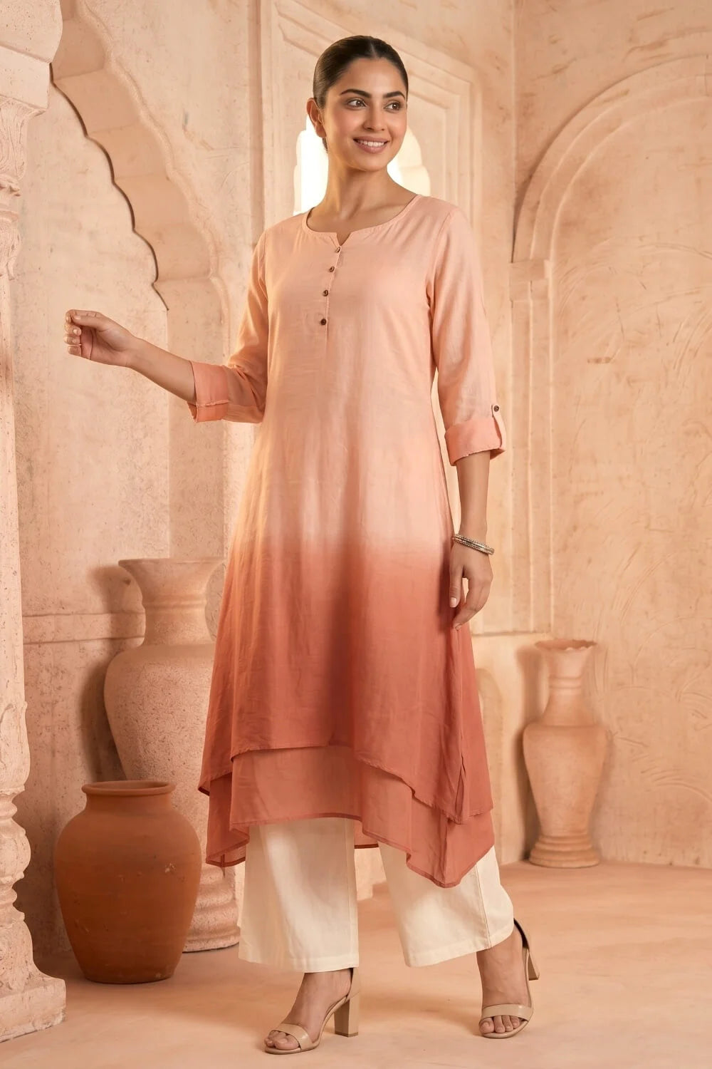 Peach Dusk Ombre Mulmul Layered Dress