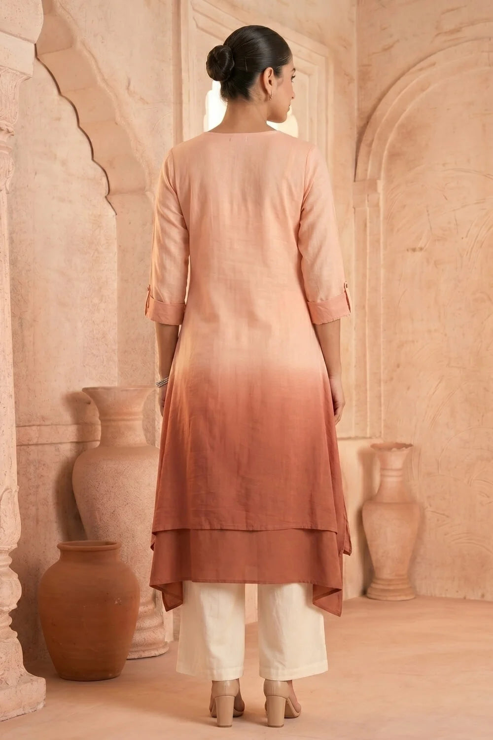 Peach Dusk Ombre Mulmul Layered Dress