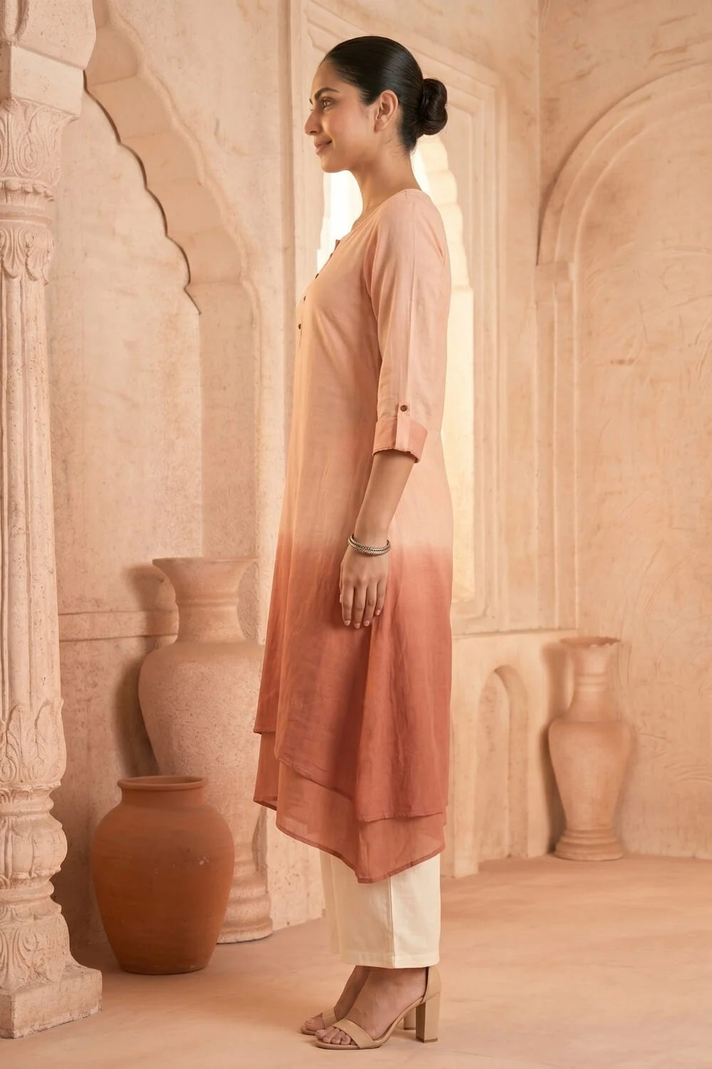 Peach Dusk Ombre Mulmul Layered Dress