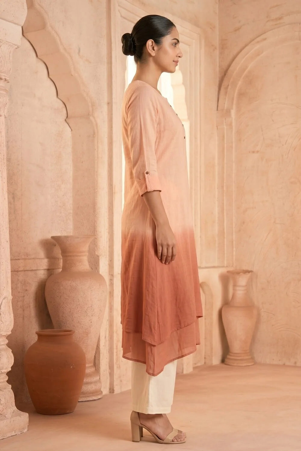 Peach Dusk Ombre Mulmul Layered Dress