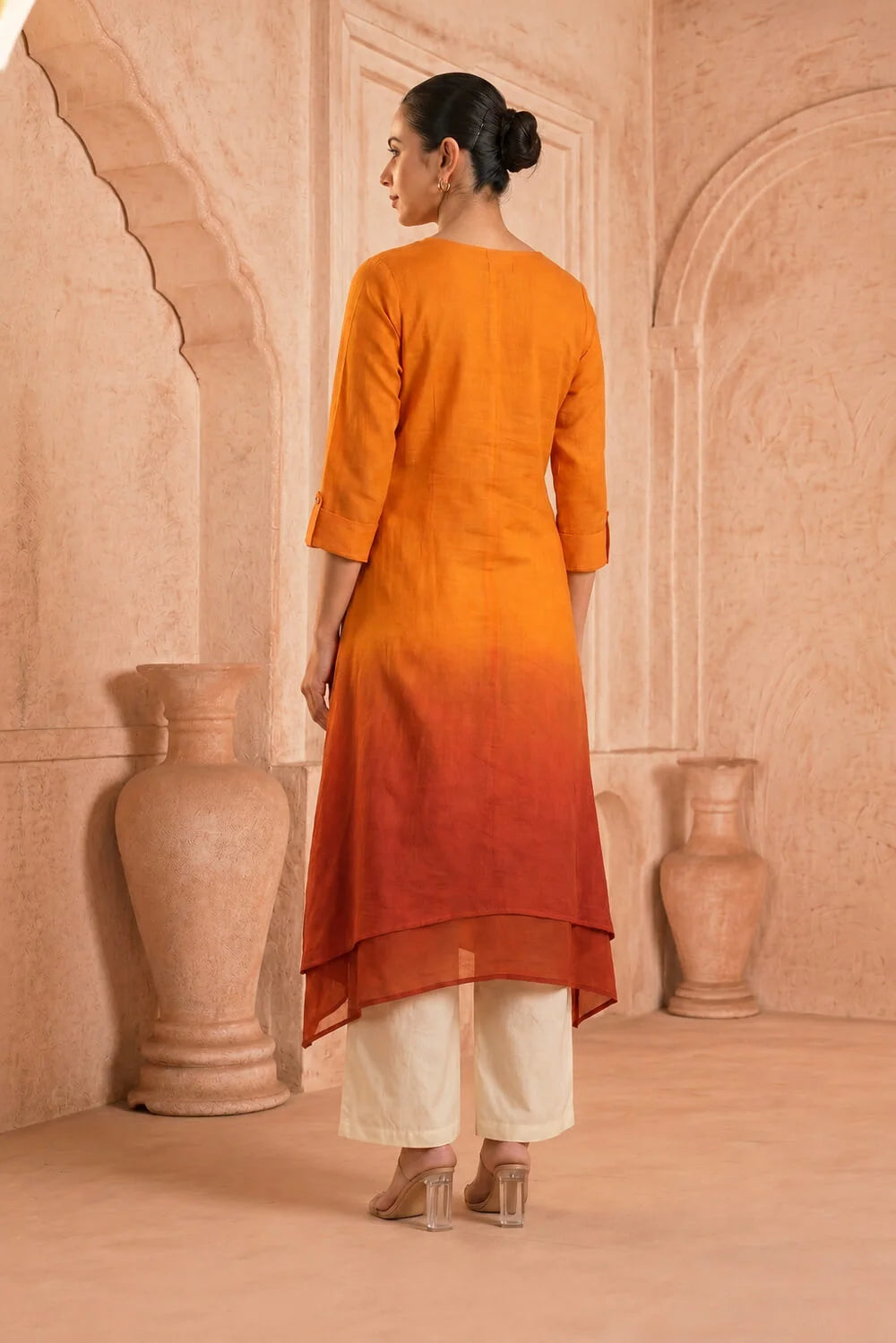 Saffron Ember Ombre Mulmul Layered Dress