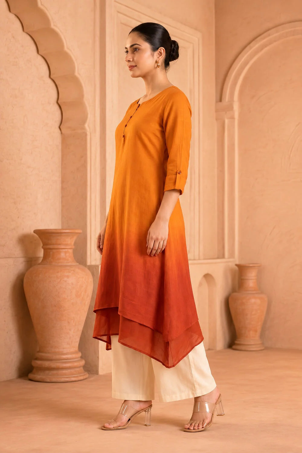 Saffron Ember Ombre Mulmul Layered Dress