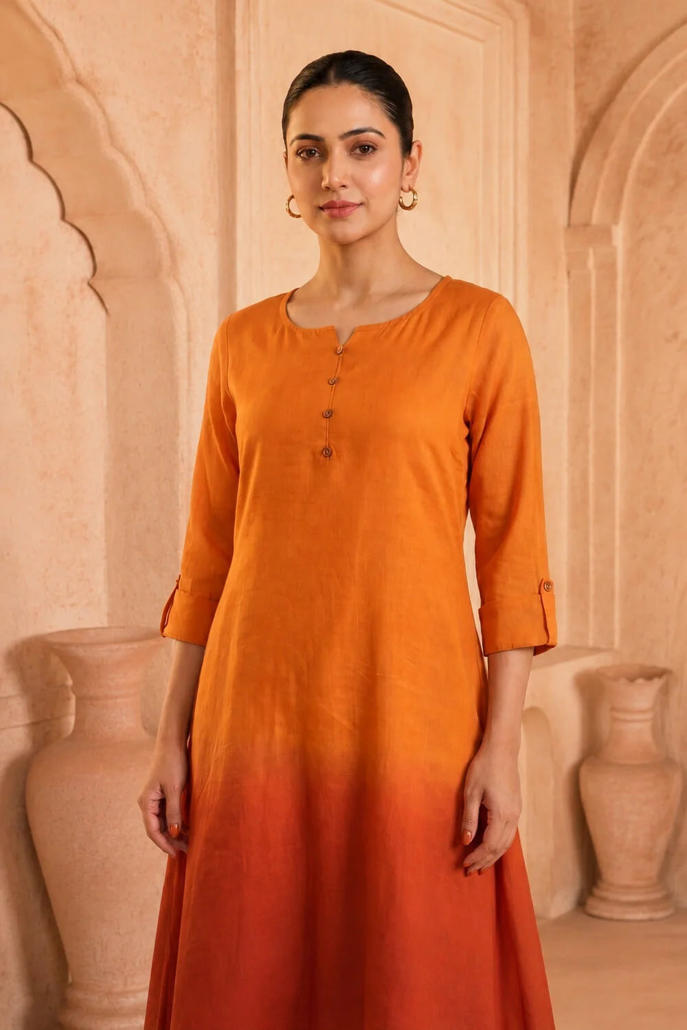 Saffron Ember Ombre Mulmul Layered Dress