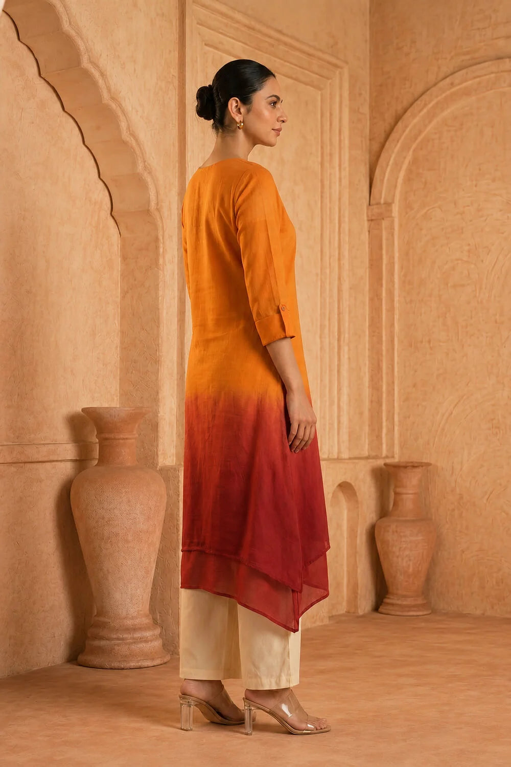 Saffron Ember Ombre Mulmul Layered Dress