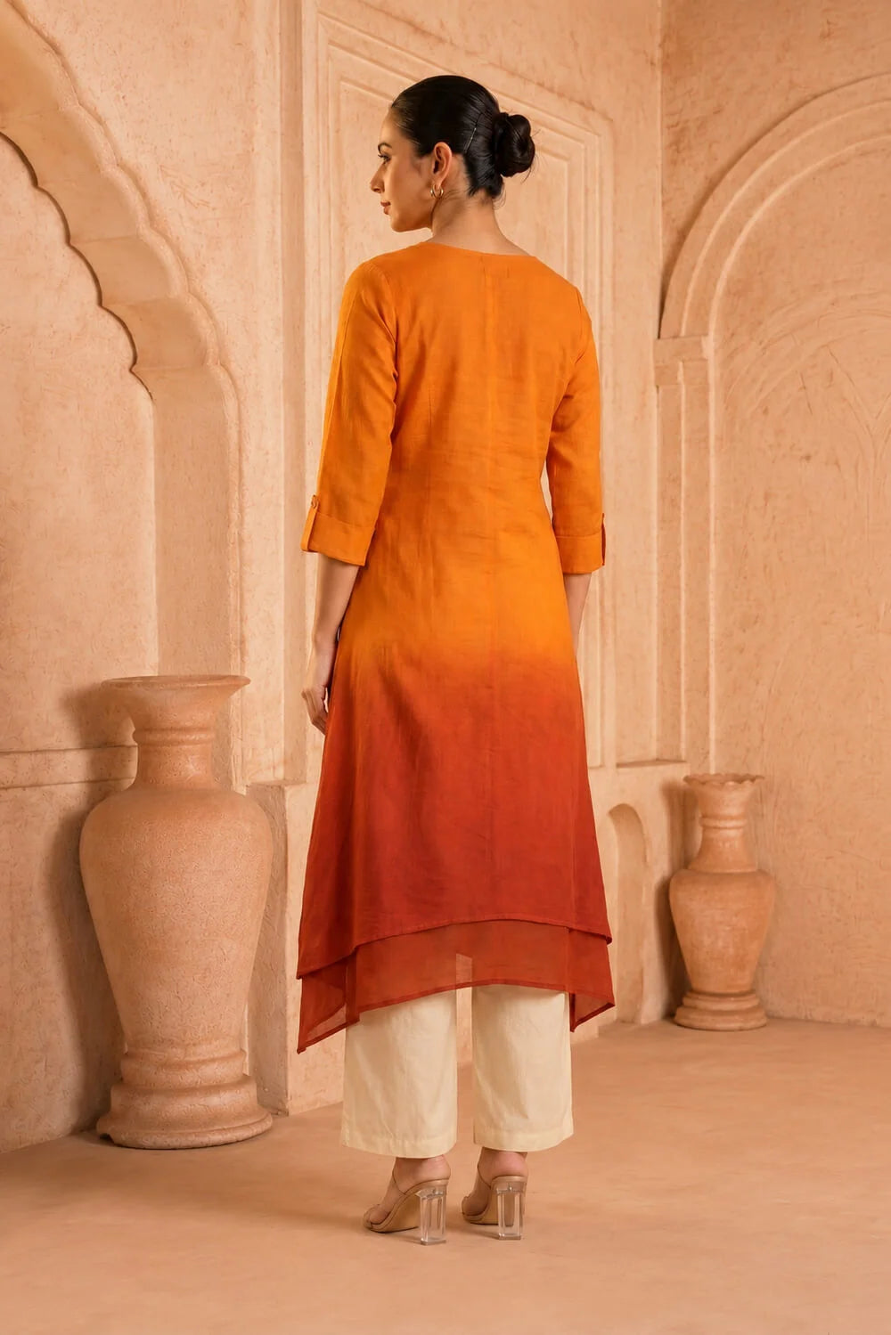 Saffron Ember Ombre Mulmul Layered Dress