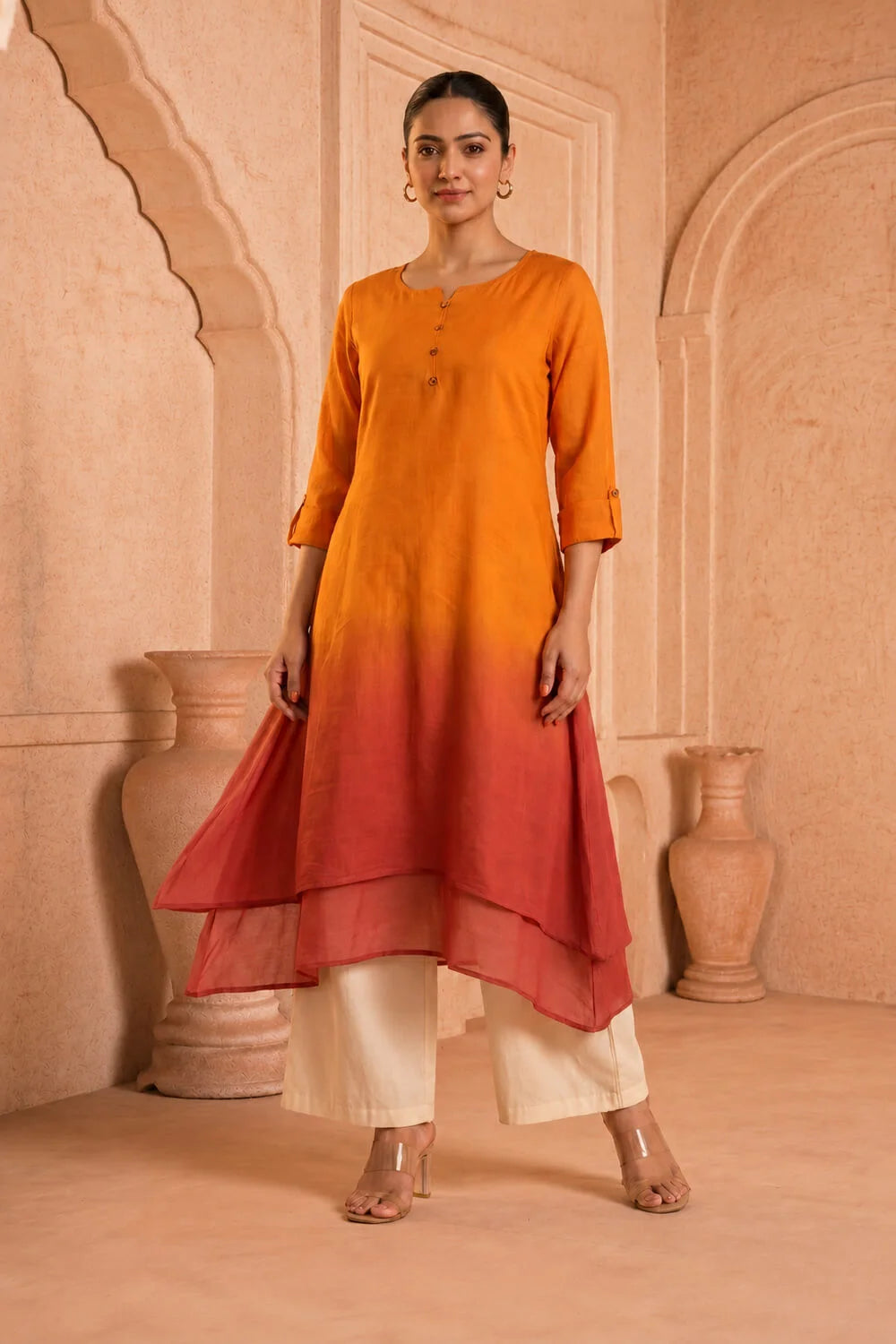 Saffron Ember Ombre Mulmul Layered Dress