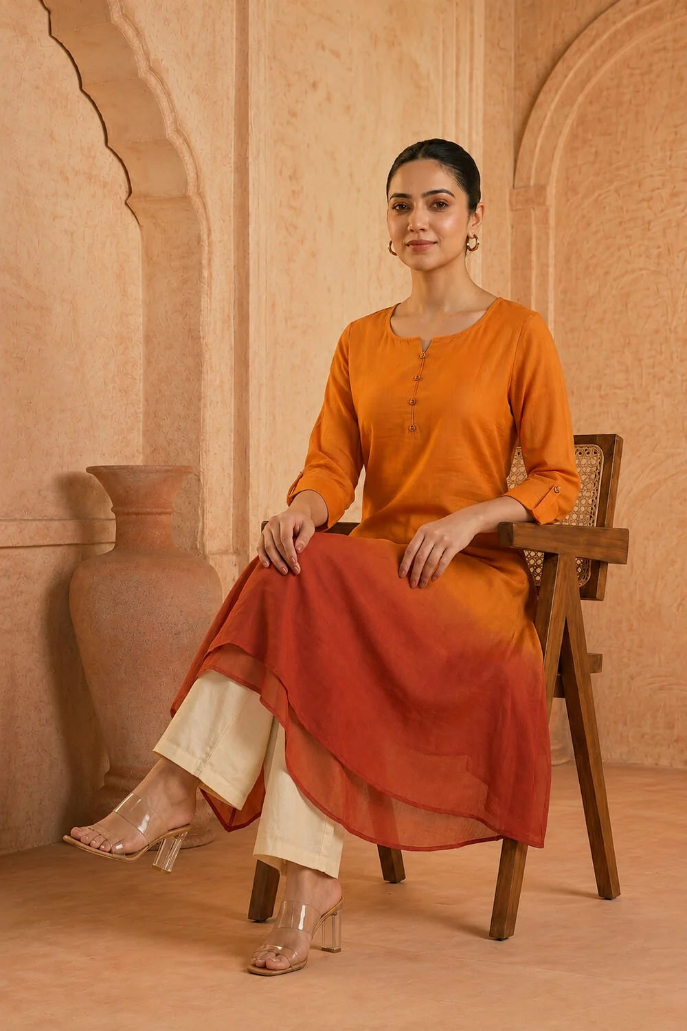 Saffron Ember Ombre Mulmul Layered Dress