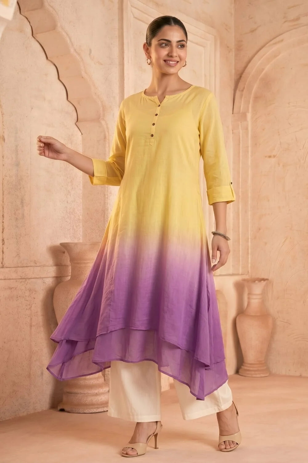 Sunlit Amethyst Ombre Mulmul Layered Dress
