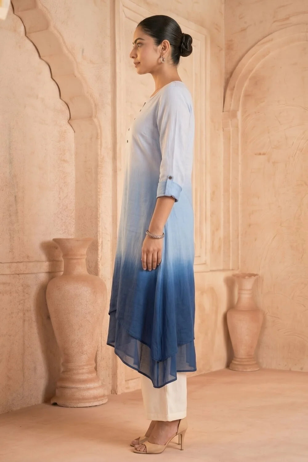 Azure Tide Ombre Mulmul Layered Dress