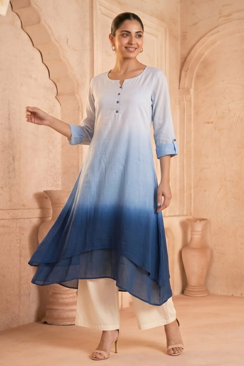 Azure Tide Ombre Mulmul Layered Dress