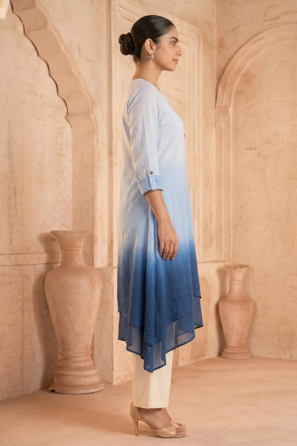 Azure Tide Ombre Mulmul Layered Dress