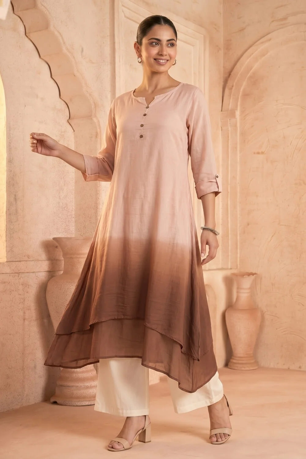Cocoa Cascade Ombre Mulmul Layered Dress