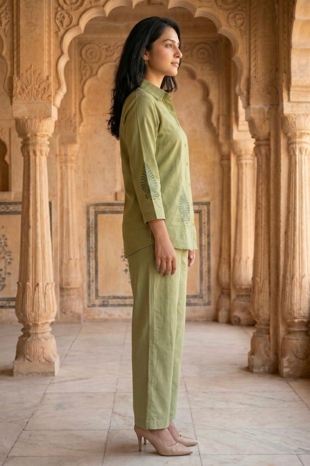 Sage Aura Hand Block Print Chanderi Co-ord Set