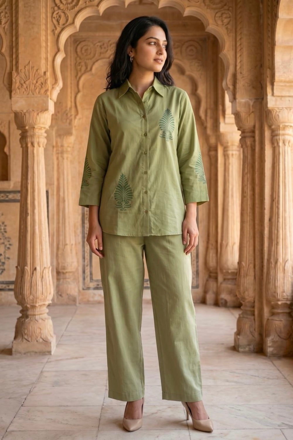 Sage Aura Hand Block Print Chanderi Co-ord Set