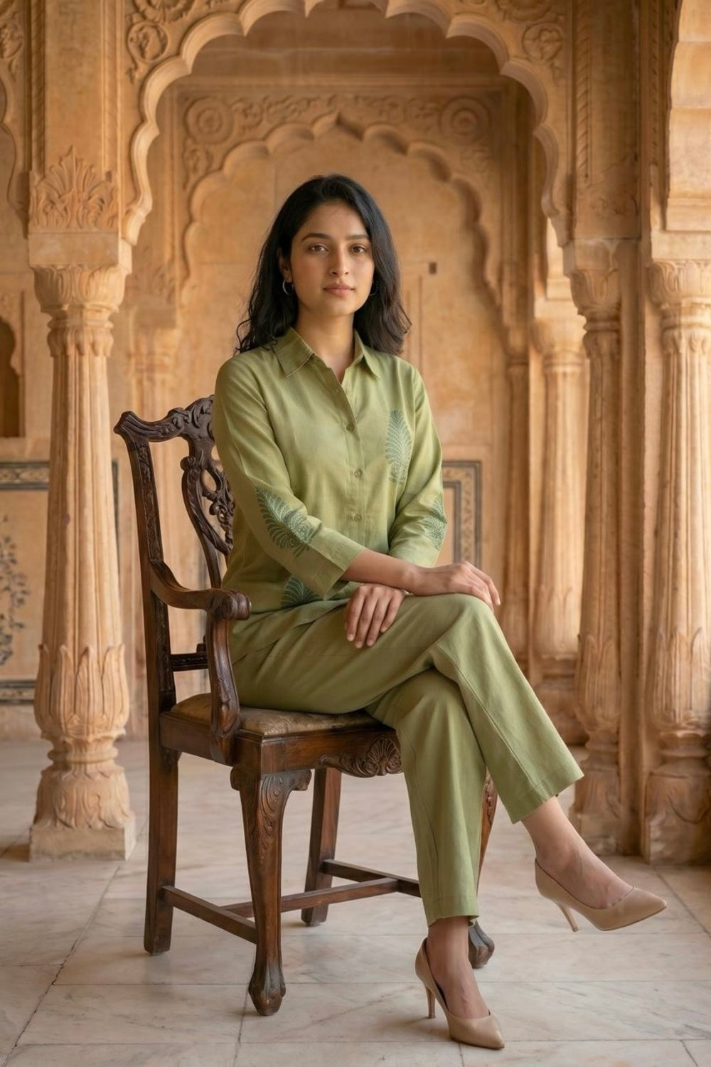 Sage Aura Hand Block Print Chanderi Co-ord Set