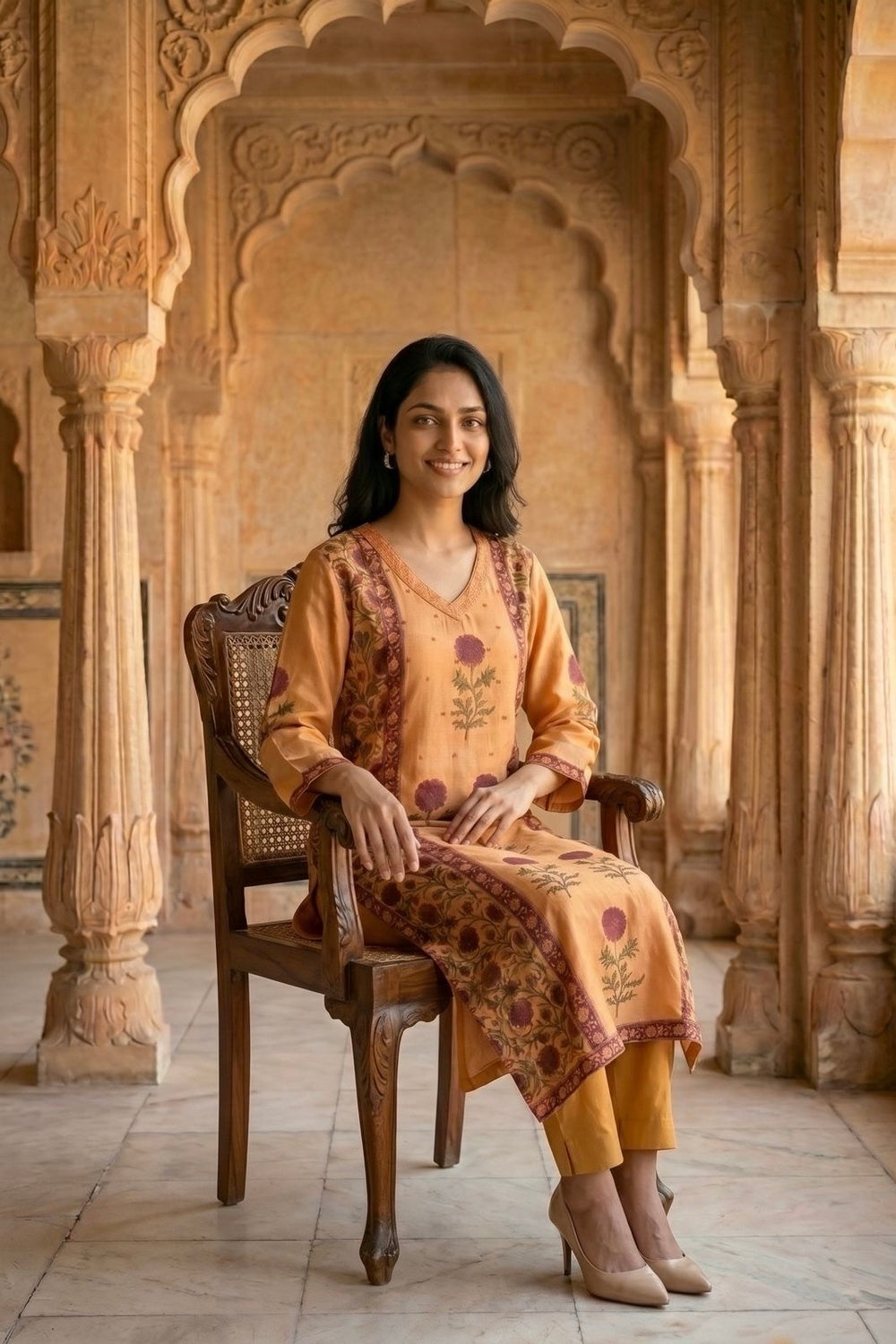 Orange Muslin Satin Kurta Set with Hand Block Placement Print & Adda Embroidery