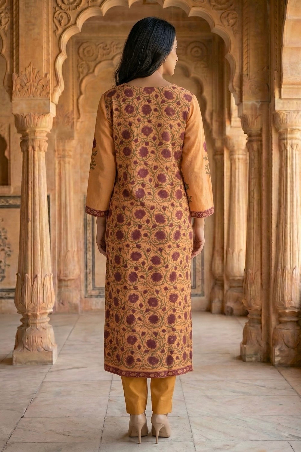 Orange Muslin Satin Kurta Set with Hand Block Placement Print & Adda Embroidery