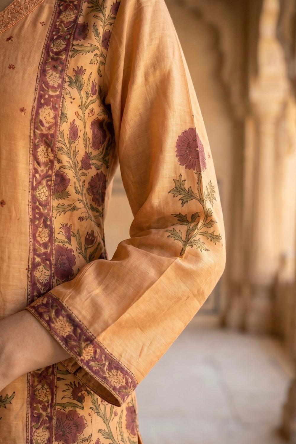 Orange Muslin Satin Kurta Set with Hand Block Placement Print & Adda Embroidery