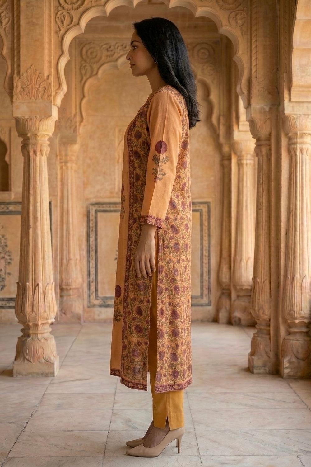 Orange Muslin Satin Kurta Set with Hand Block Placement Print & Adda Embroidery