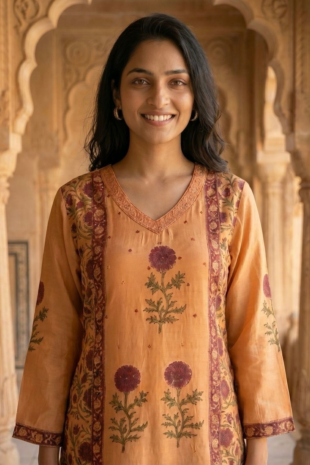 Orange Muslin Satin Kurta Set with Hand Block Placement Print & Adda Embroidery