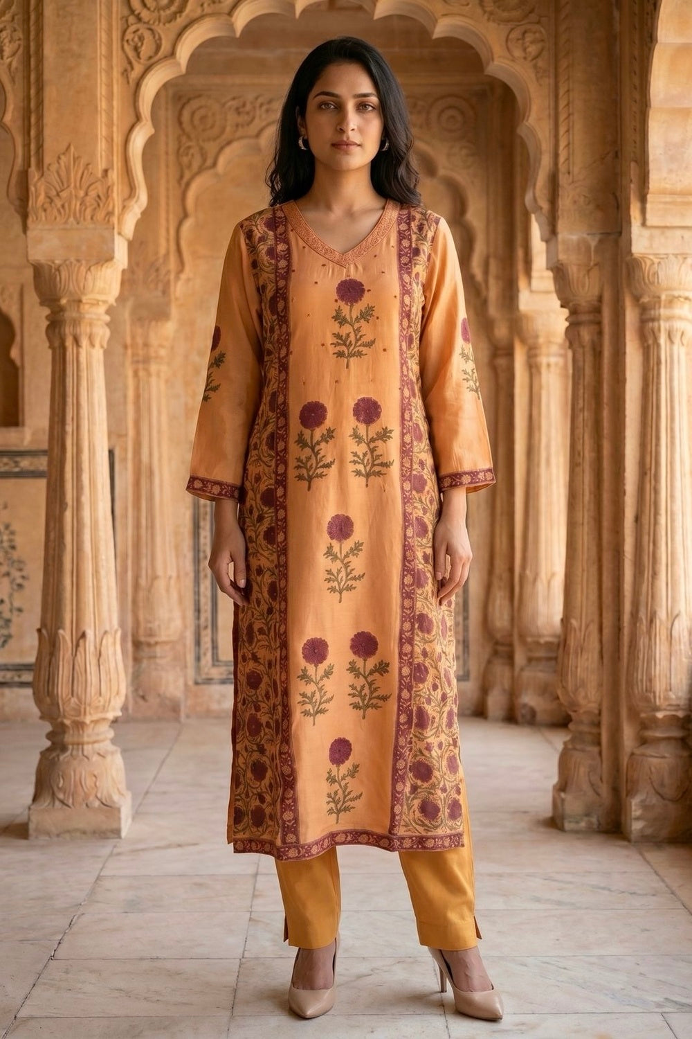 Orange Muslin Satin Kurta Set with Hand Block Placement Print & Adda Embroidery