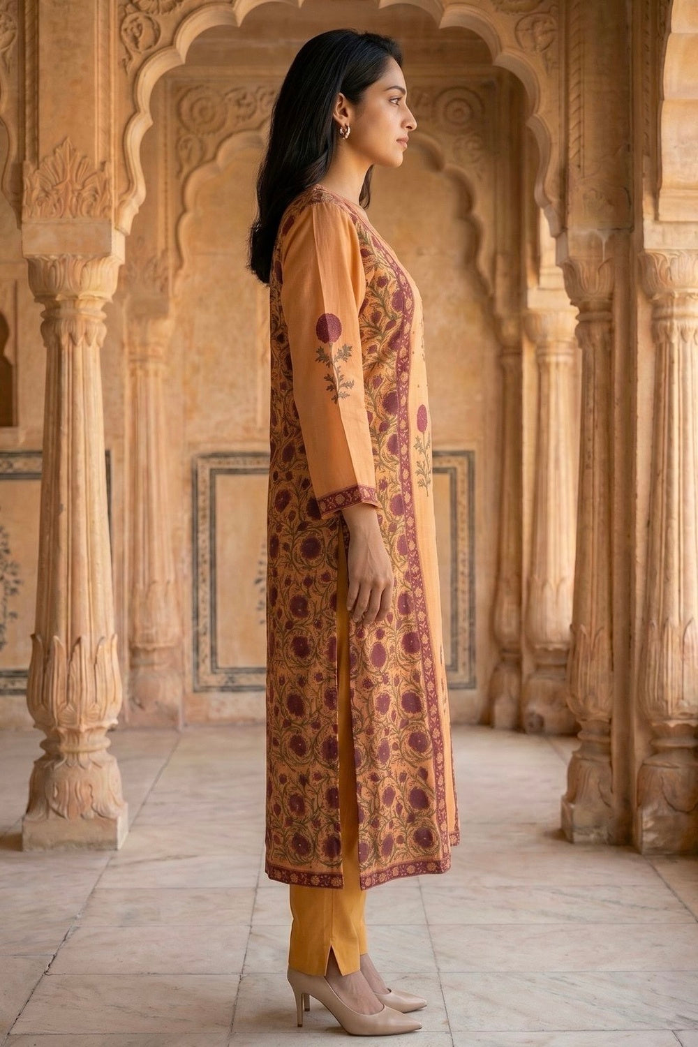 Orange Muslin Satin Kurta Set with Hand Block Placement Print & Adda Embroidery