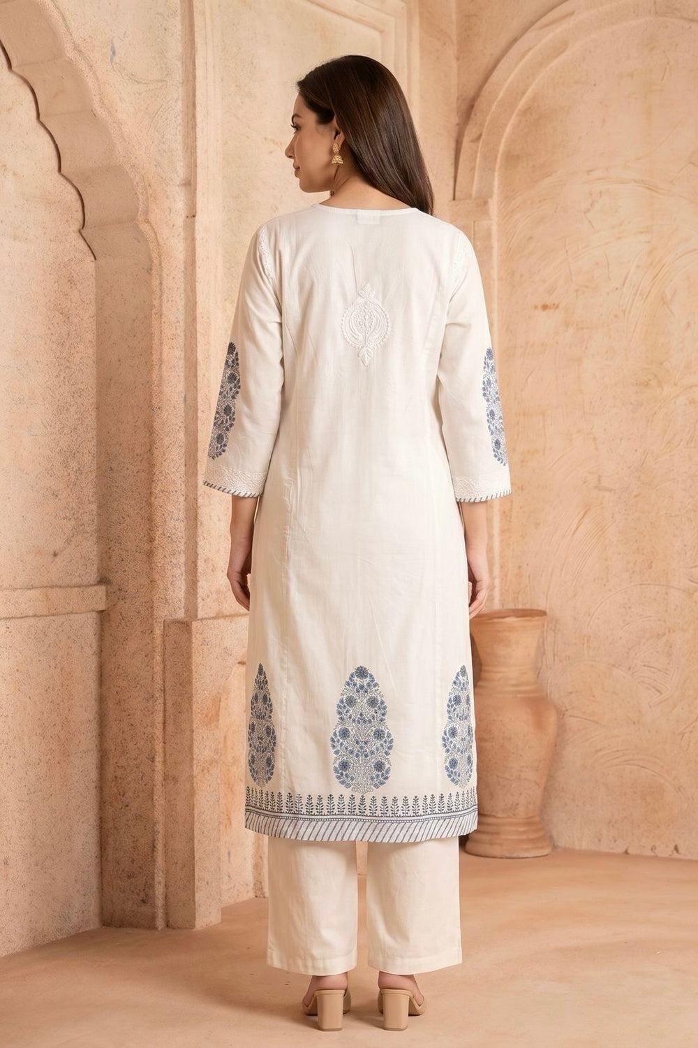 White & Blue Kurta & Dupatta Set with Hand Chikan Embroidery and Placement Block Print