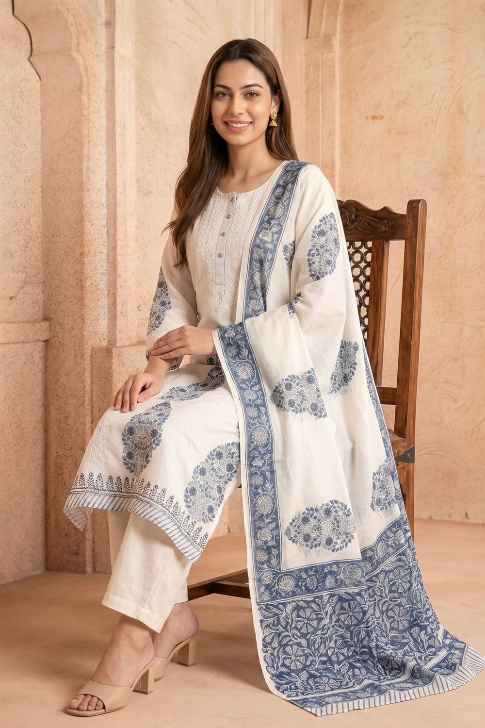White & Blue Kurta & Dupatta Set with Hand Chikan Embroidery and Placement Block Print