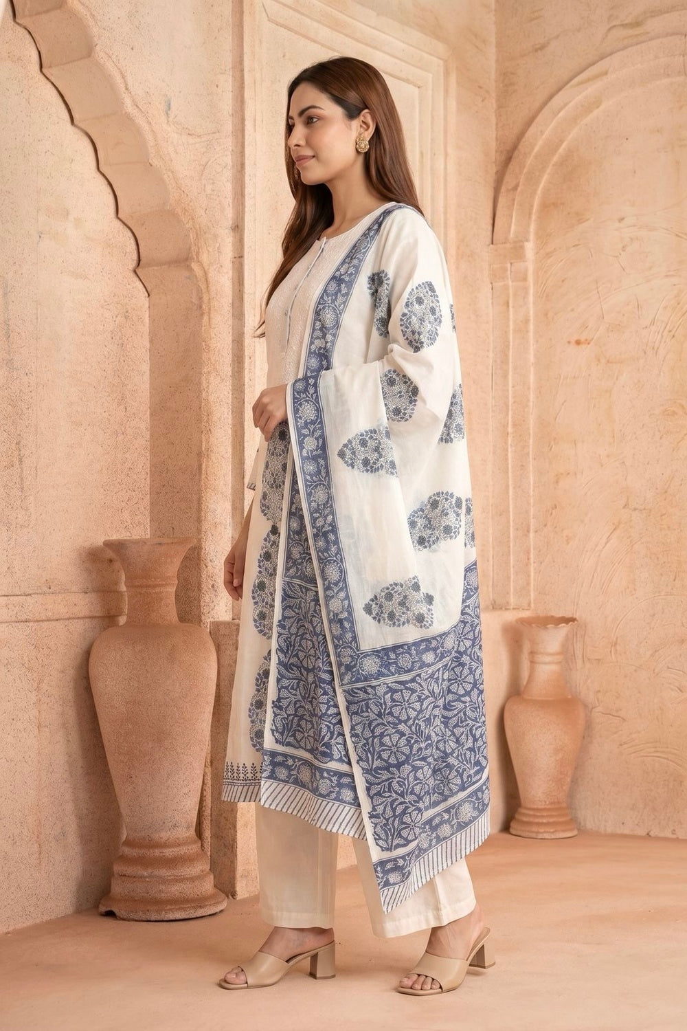 White & Blue Kurta & Dupatta Set with Hand Chikan Embroidery and Placement Block Print