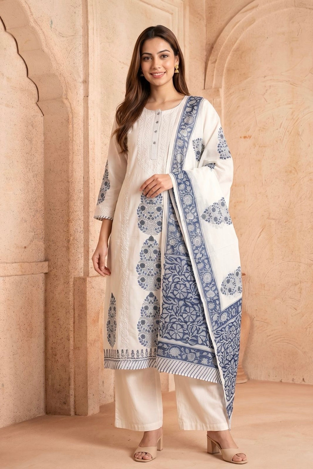 White & Blue Kurta & Dupatta Set with Hand Chikan Embroidery and Placement Block Print