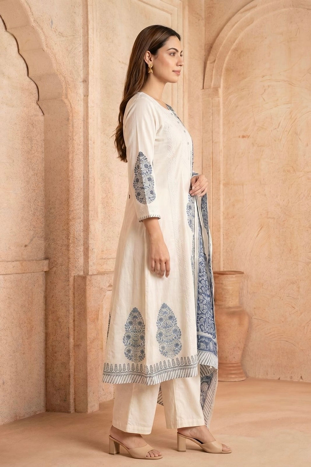 White & Blue Kurta & Dupatta Set with Hand Chikan Embroidery and Placement Block Print