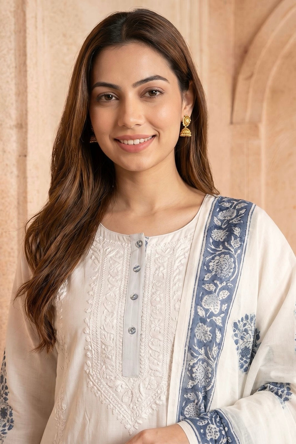 White & Blue Kurta & Dupatta Set with Hand Chikan Embroidery and Placement Block Print