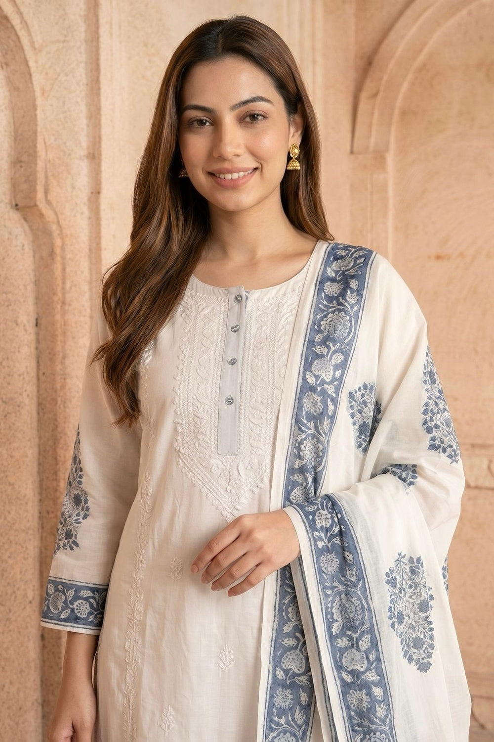 White & Blue Kurta & Dupatta Set with Hand Chikan Embroidery and Placement Block Print