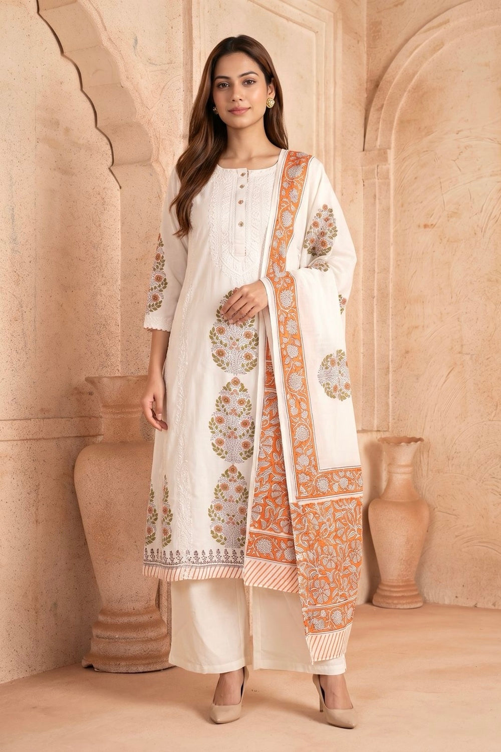 White & Peach Kurta & Dupatta Set with Hand Chikan Embroidery and Placement Block Print