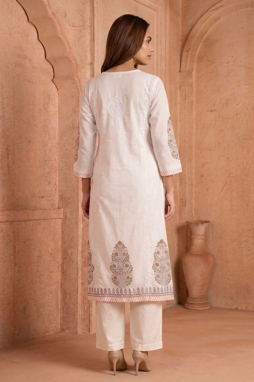 White & Peach Kurta & Dupatta Set with Hand Chikan Embroidery and Placement Block Print