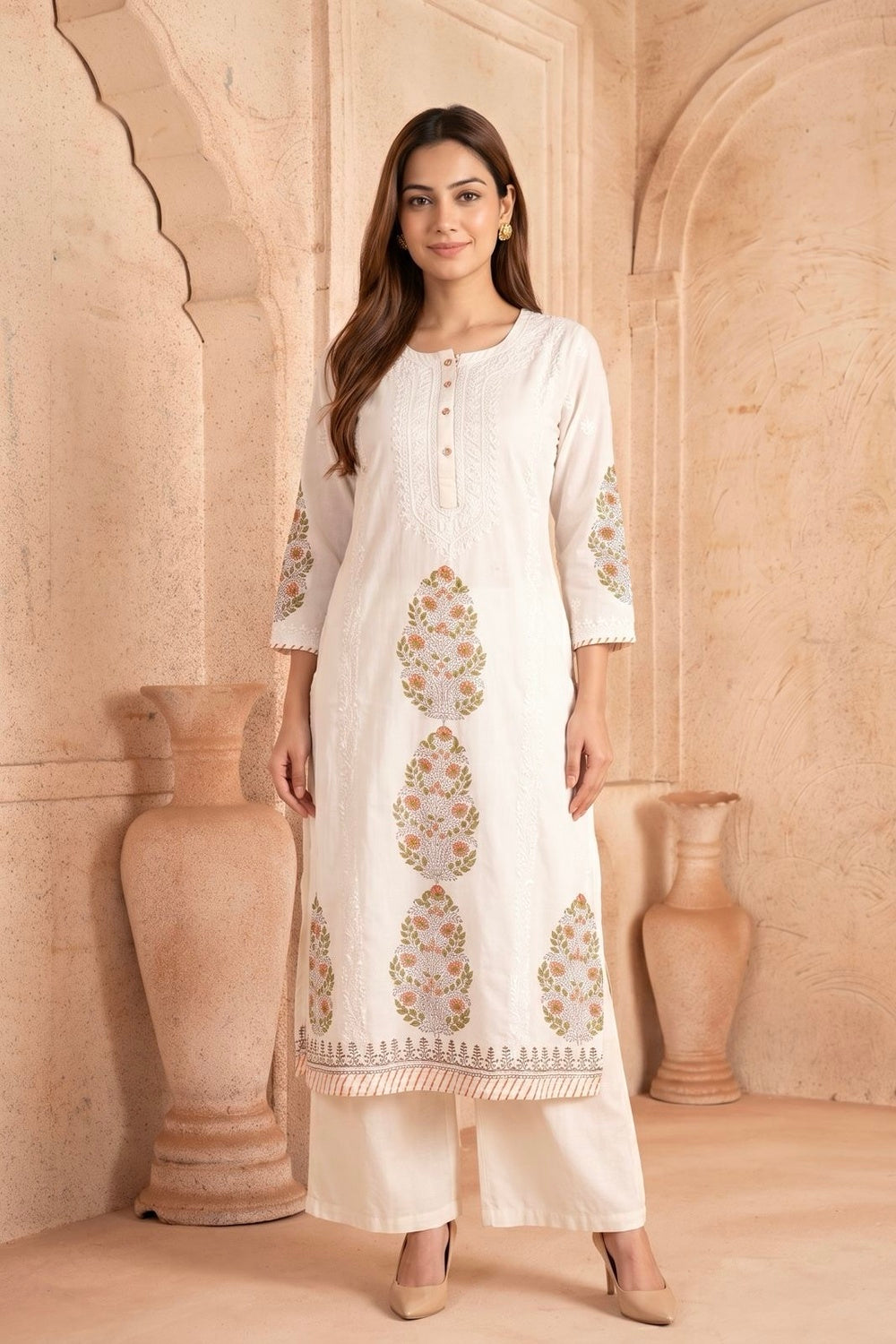 White & Peach Kurta & Dupatta Set with Hand Chikan Embroidery and Placement Block Print