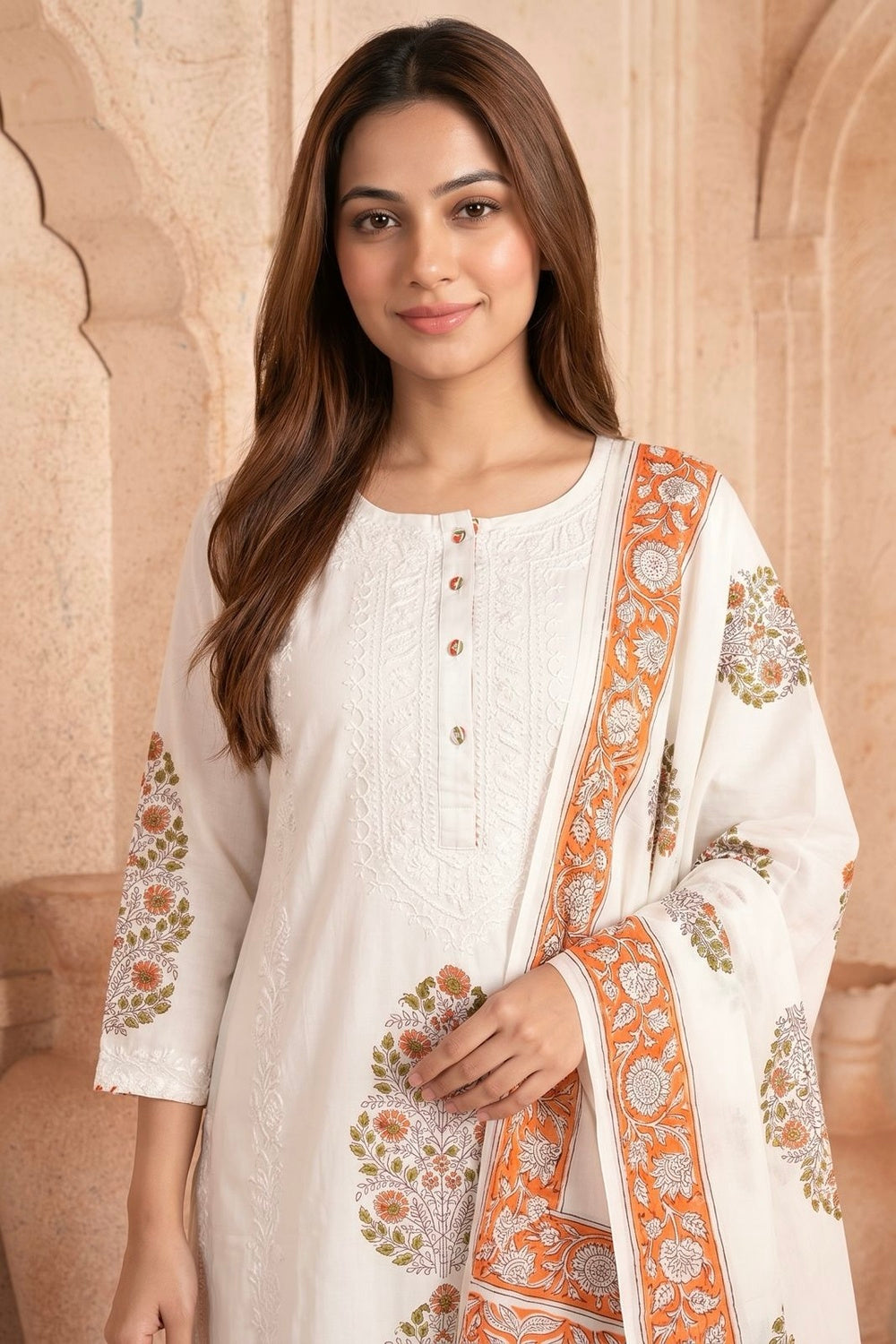 White & Peach Kurta & Dupatta Set with Hand Chikan Embroidery and Placement Block Print