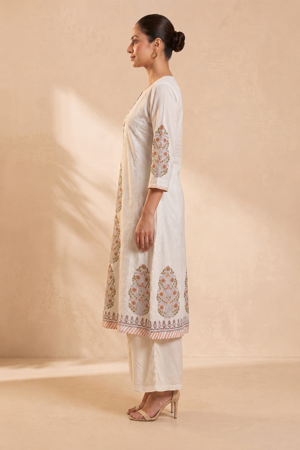 White & Peach Kurta & Dupatta Set with Hand Chikan Embroidery and Placement Block Print