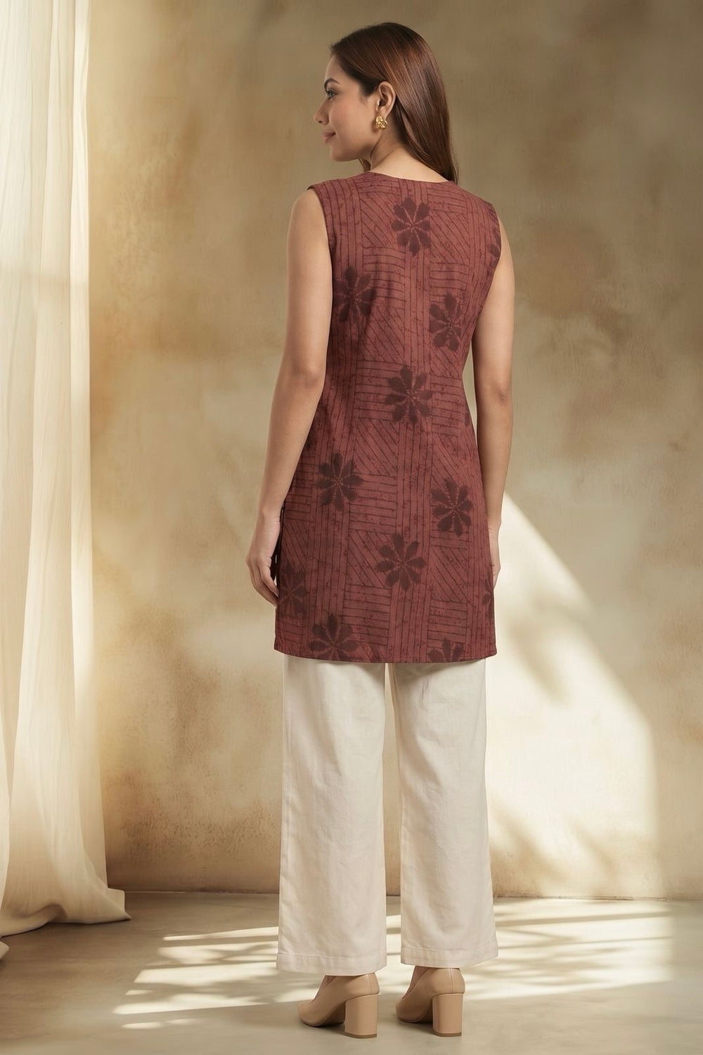 Brown Sleeveless Hand Block Print Cotton Top