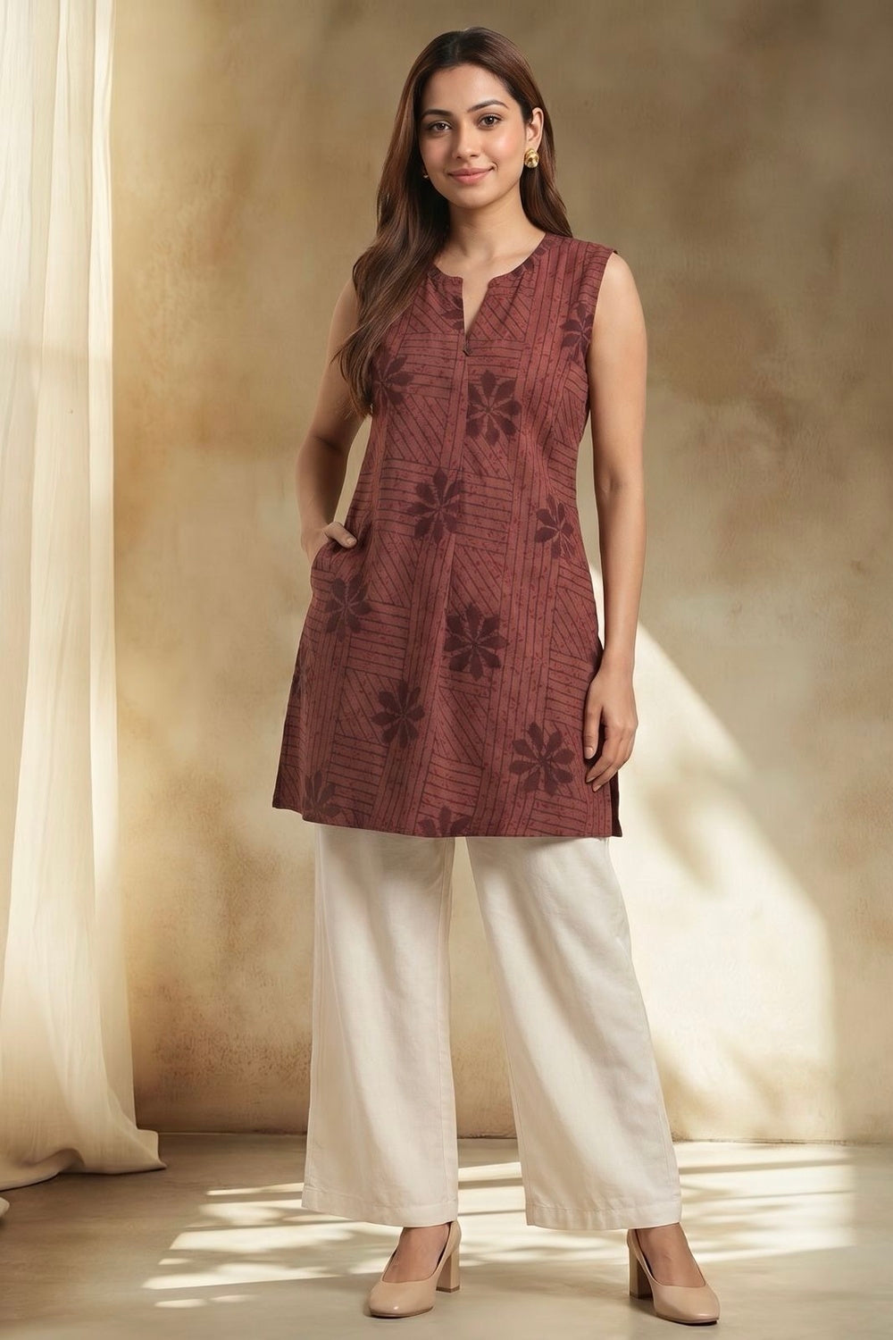 Brown Sleeveless Hand Block Print Cotton Top