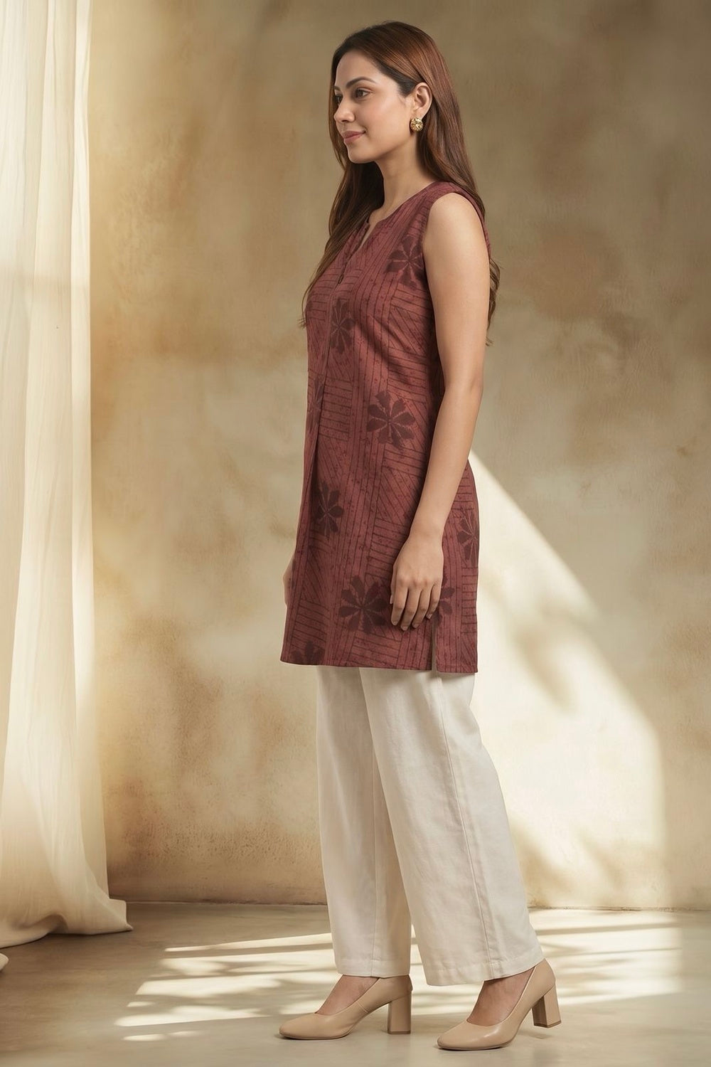 Brown Sleeveless Hand Block Print Cotton Top