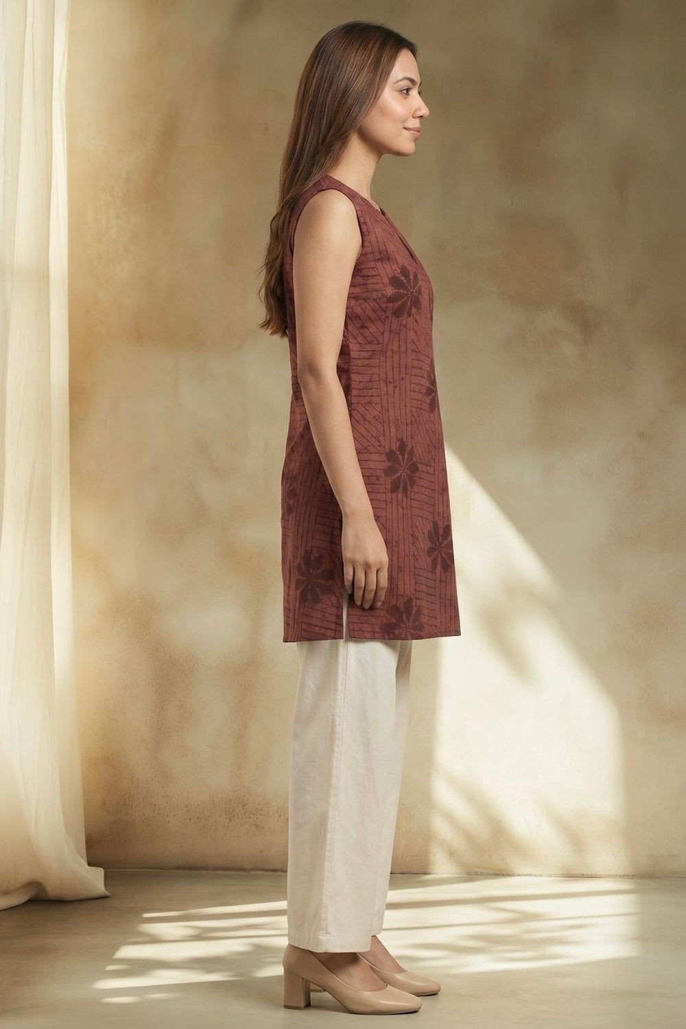 Brown Sleeveless Hand Block Print Cotton Top