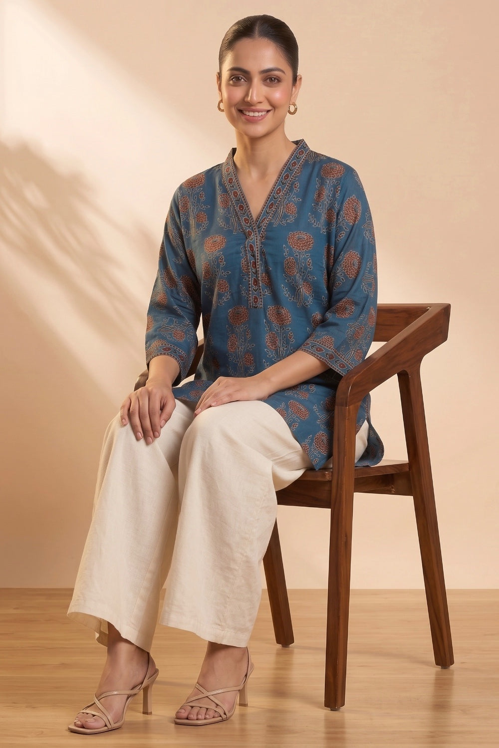 Teal Heritage Ajrakh Modal Kaftan Top