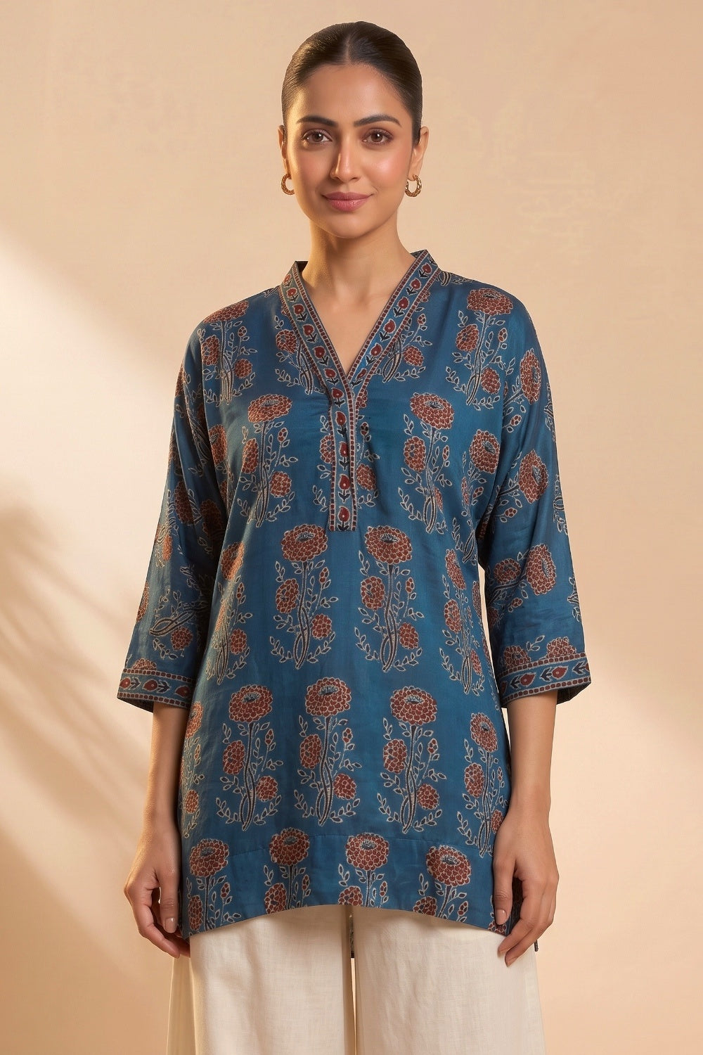 Teal Heritage Ajrakh Modal Kaftan Top