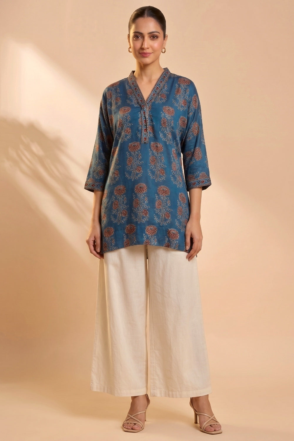 Teal Heritage Ajrakh Modal Kaftan Top