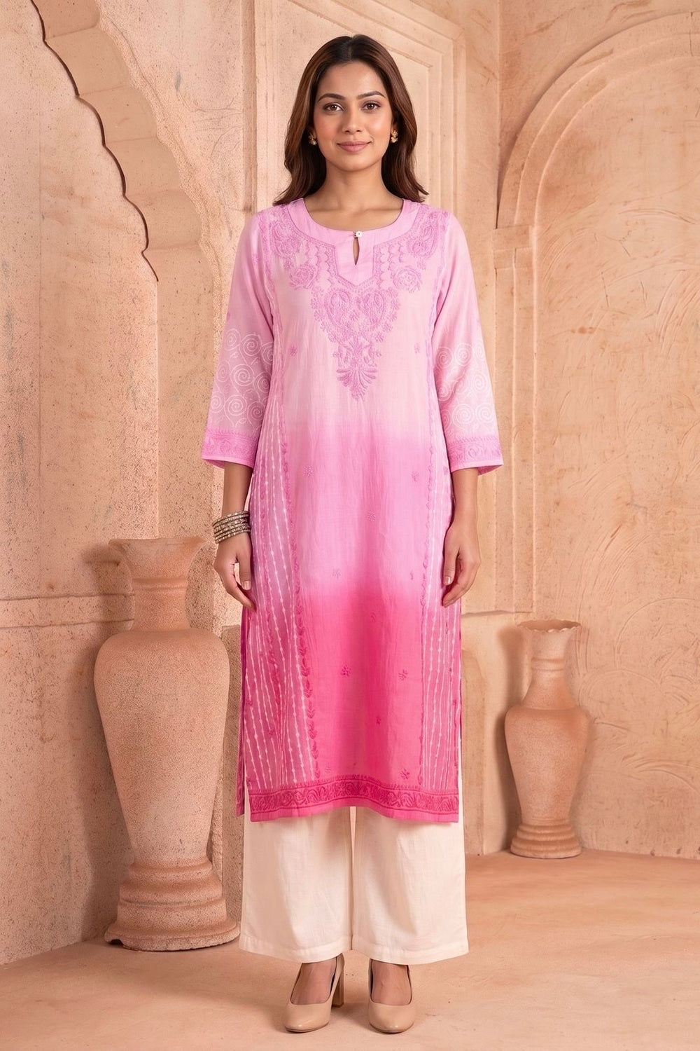Pink Ombre Kurta with Hand Chikankari, Block Print & Shaded Dye