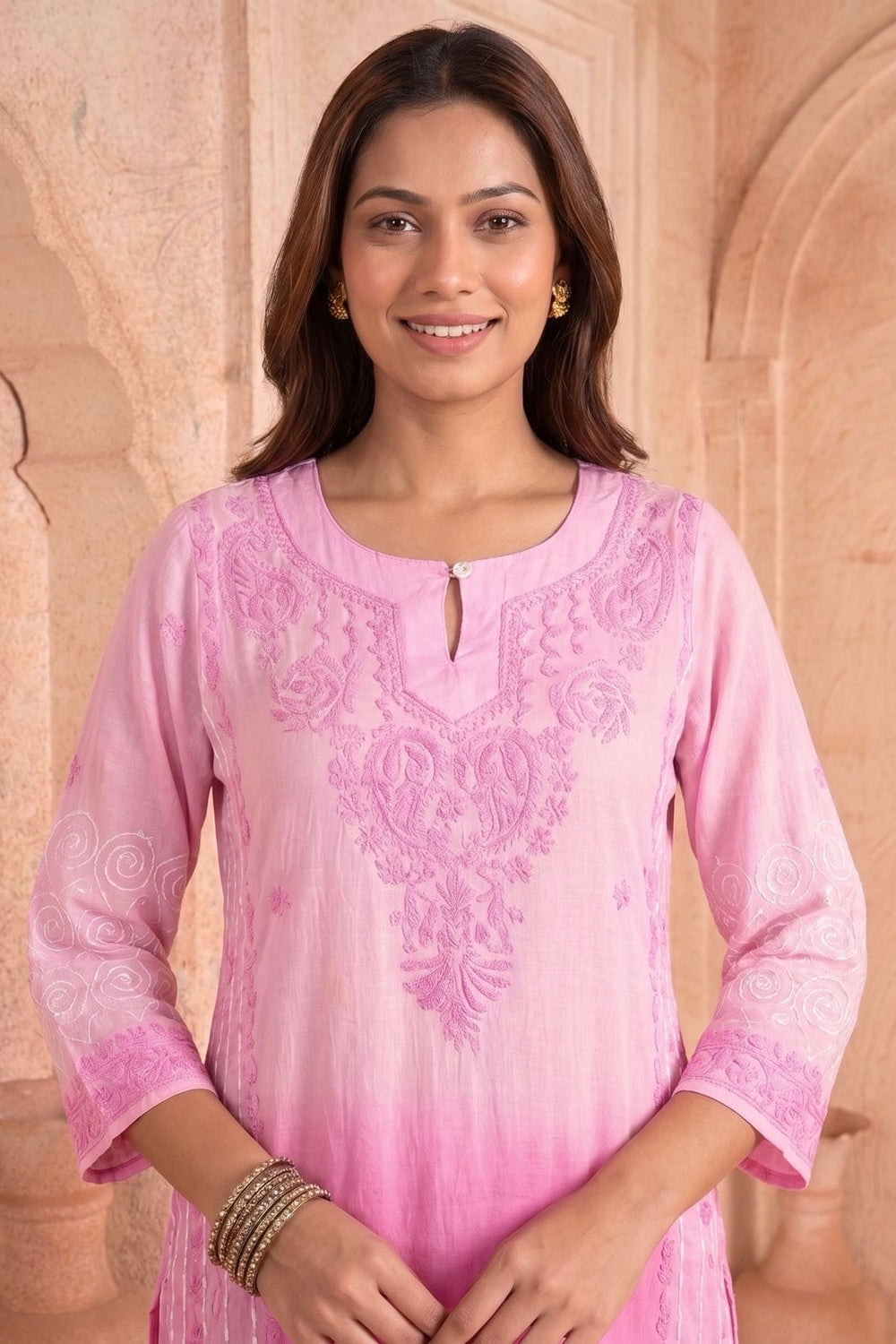 Pink Ombre Kurta with Hand Chikankari, Block Print & Shaded Dye